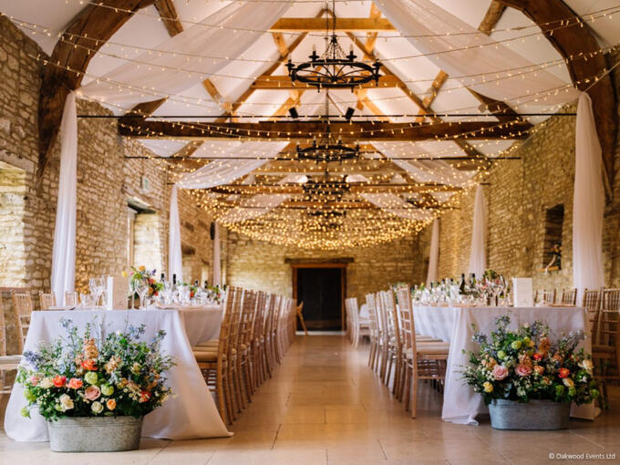 Fabric drapes and fairy lights at Caswell House