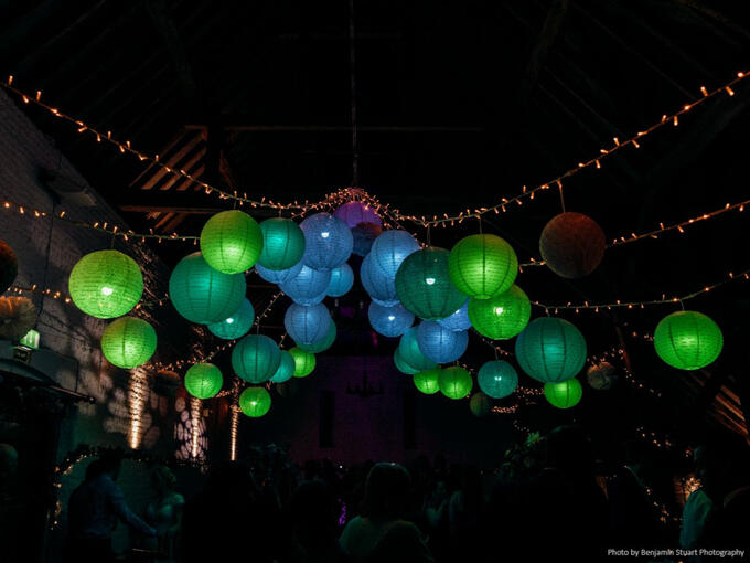 Colour changing disco lanterns at Ufton Court
