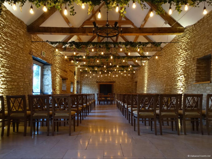 Edison bulb canopy in Wenman's Barn at Caswell House